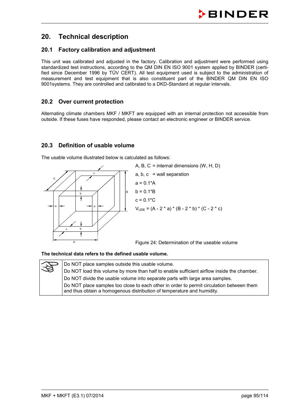 Technical description, 1 factory calibration and adjustment, 2 over current protection | 3 definition of usable volume | BINDER MK 115 User Manual | Page 95 / 115