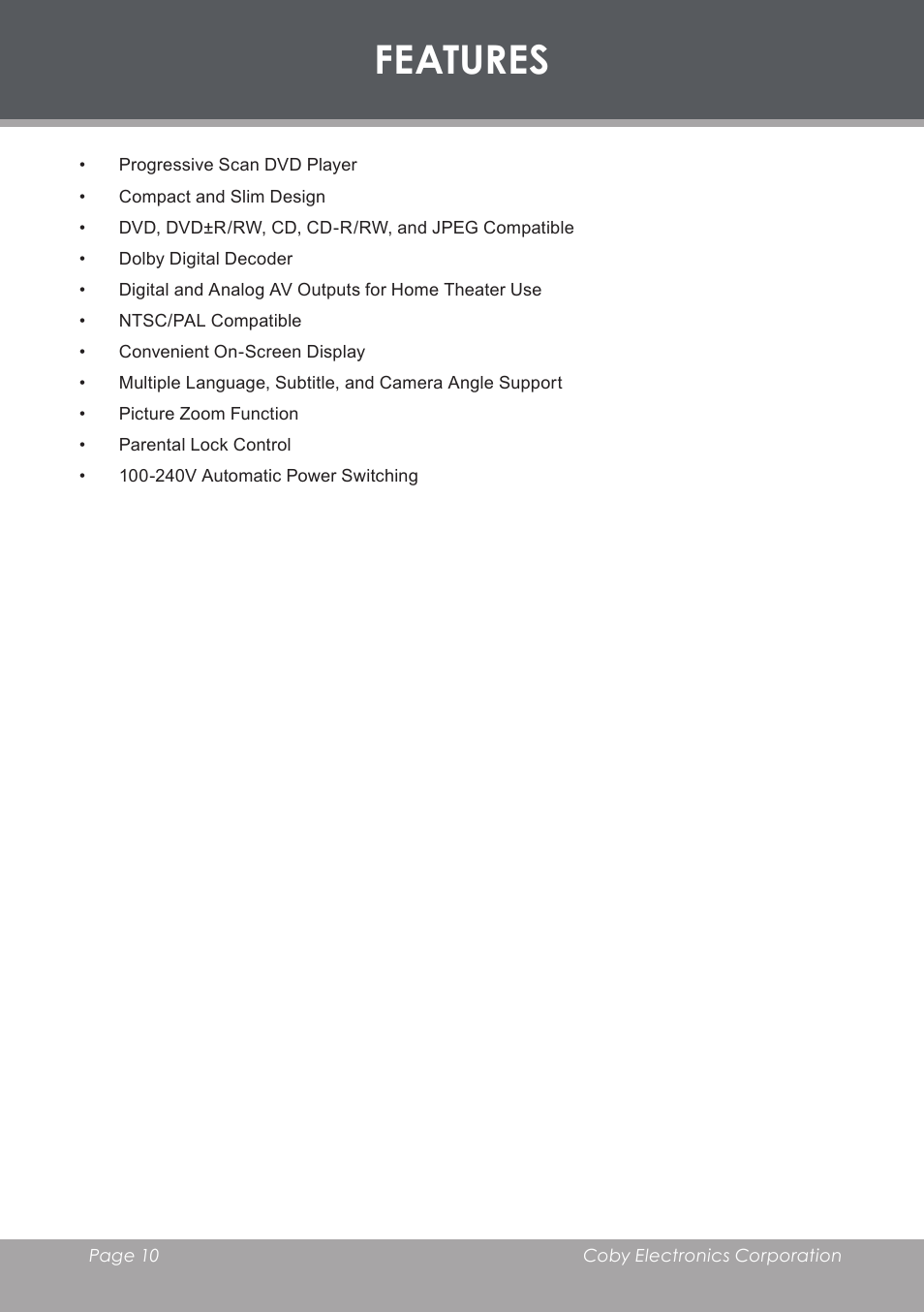 Features | COBY DVD233 User Manual | Page 10 / 32