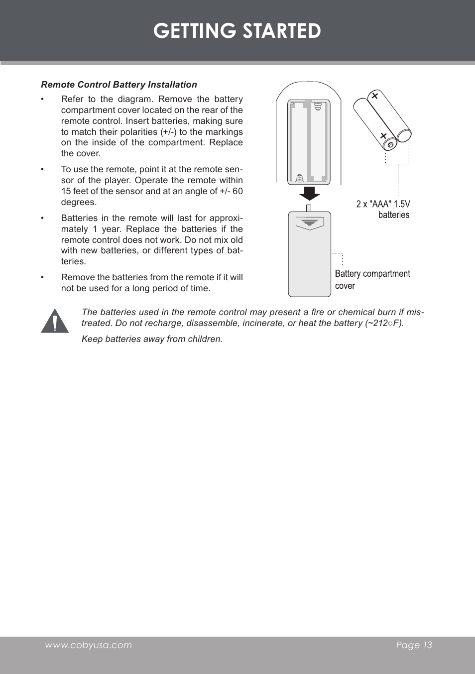 Getting started | COBY DVD233 User Manual | Page 13 / 32