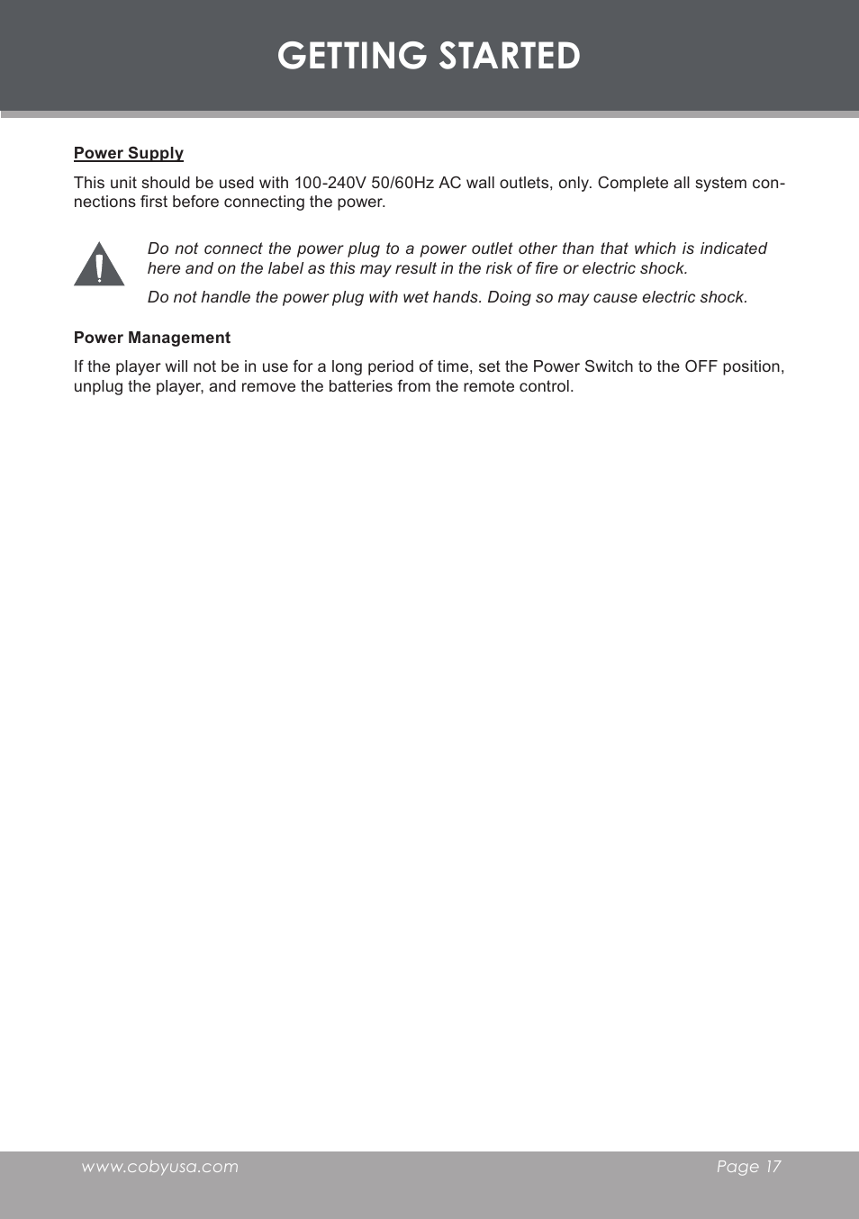 Power supply, Power management, Getting started | COBY DVD233 User Manual | Page 17 / 32