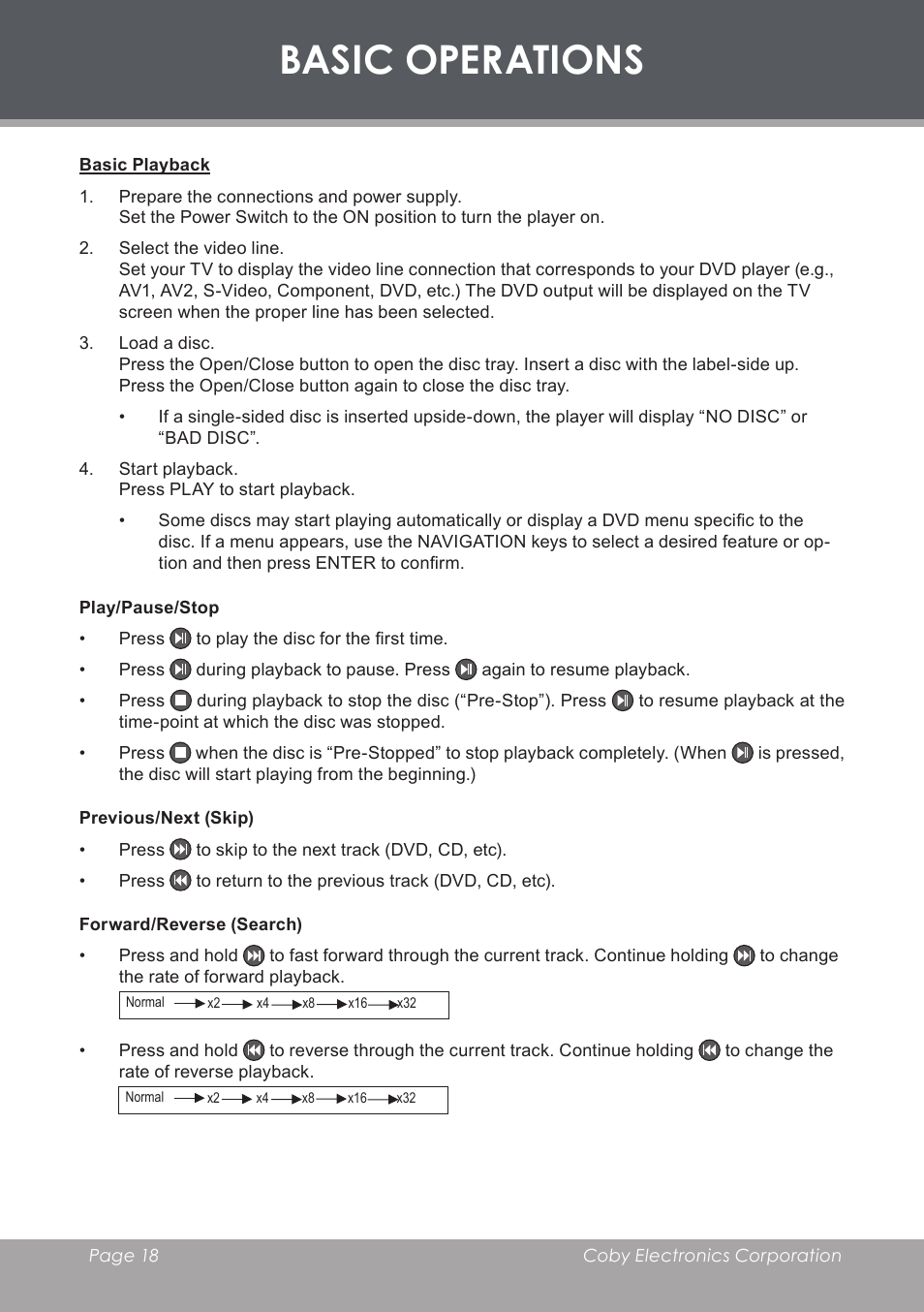 Basic operations, Basic playback, Play/pause/stop | Previous/next (skip), Forward/reverse (search) | COBY DVD233 User Manual | Page 18 / 32