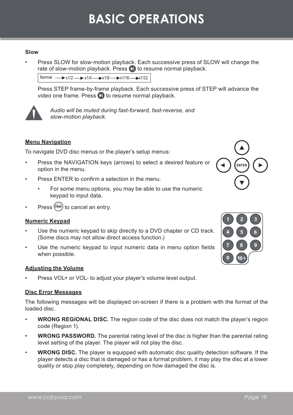 Slow, Menu navigation, Numeric keypad | Adjusting the volume, Disc error messages, Basic operations | COBY DVD233 User Manual | Page 19 / 32