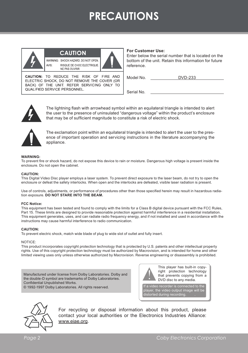 Precautions | COBY DVD233 User Manual | Page 2 / 32