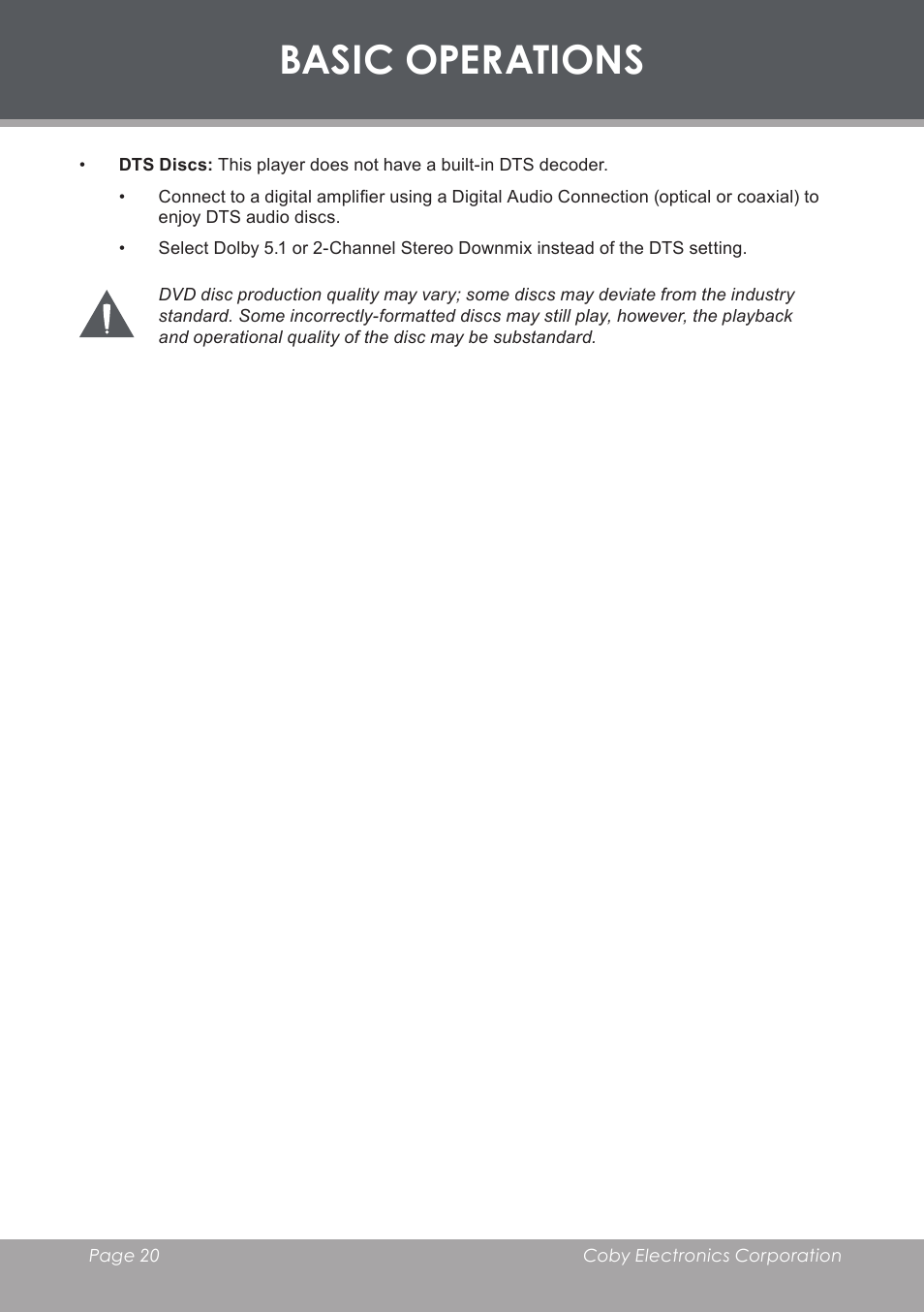 Basic operations | COBY DVD233 User Manual | Page 20 / 32