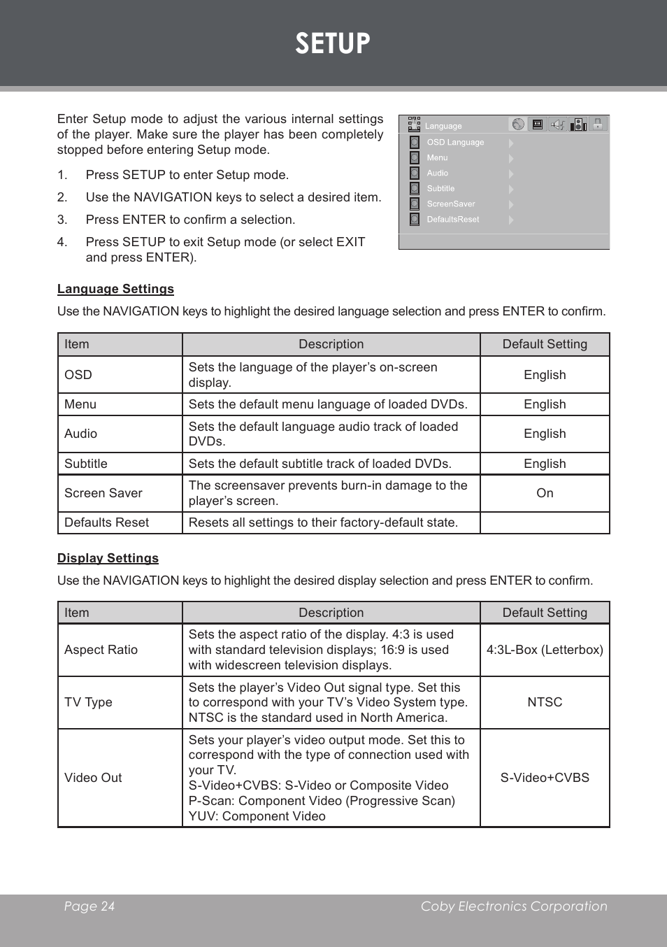 Setup, Language settings, Display settings | COBY DVD233 User Manual | Page 24 / 32