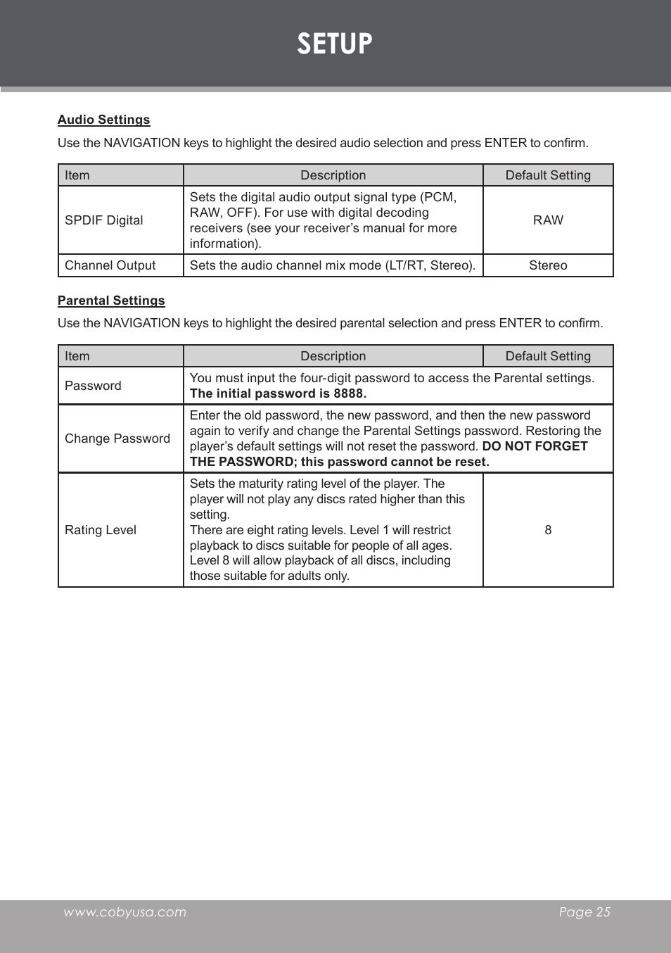 Audio settings, Parental settings, Setup | COBY DVD233 User Manual | Page 25 / 32