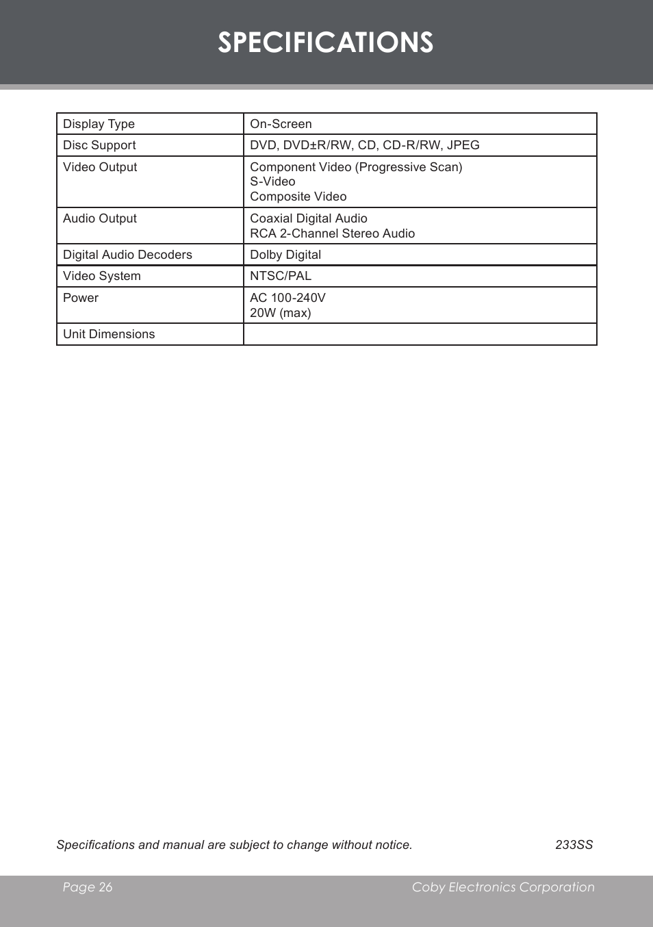 Specifications | COBY DVD233 User Manual | Page 26 / 32