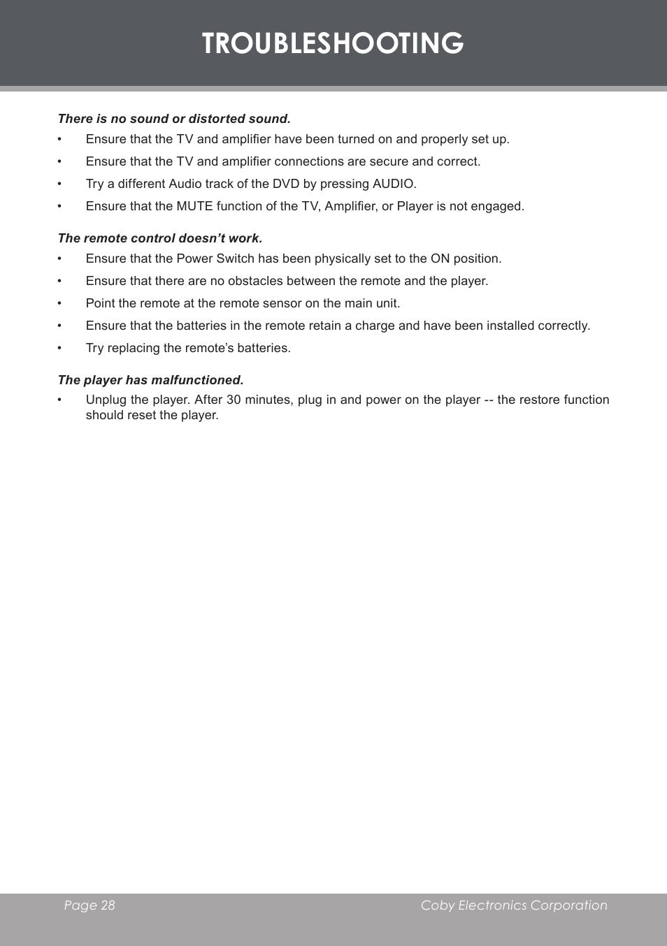 Troubleshooting | COBY DVD233 User Manual | Page 28 / 32