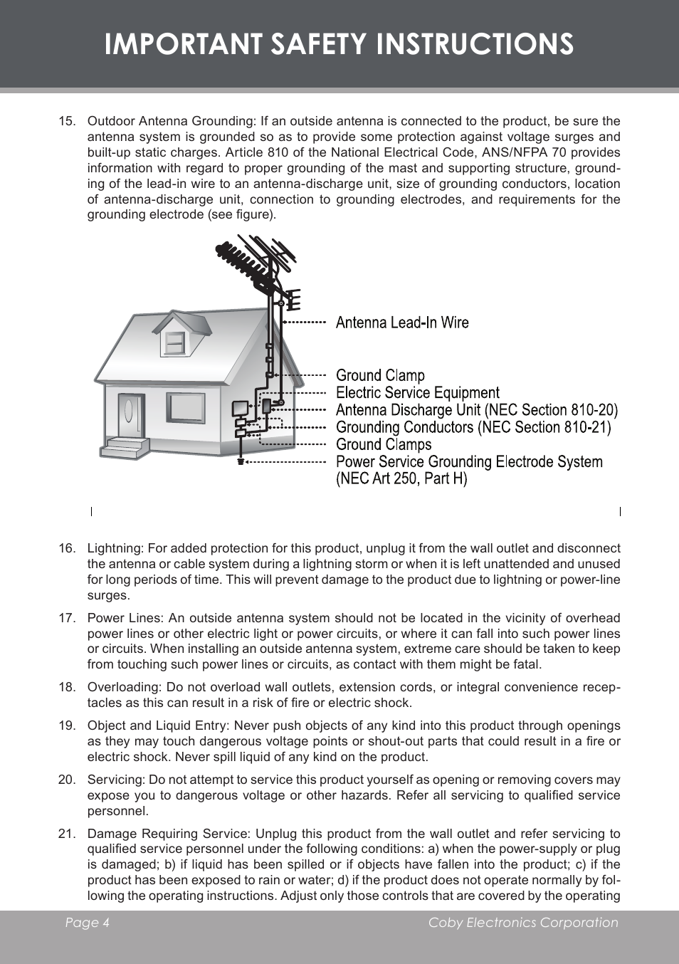 Important safety instructions | COBY DVD233 User Manual | Page 4 / 32