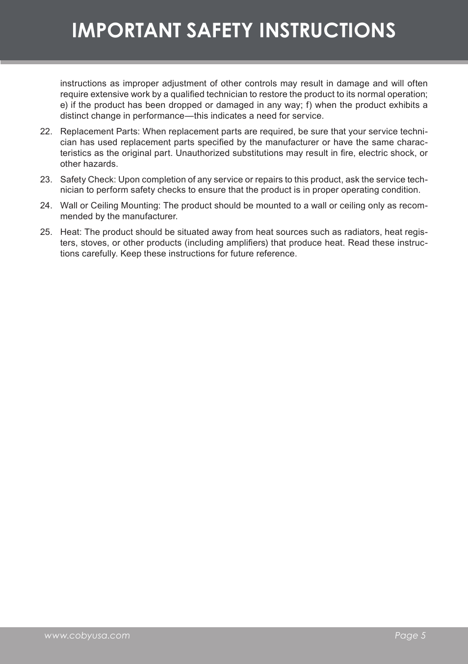 Important safety instructions | COBY DVD233 User Manual | Page 5 / 32