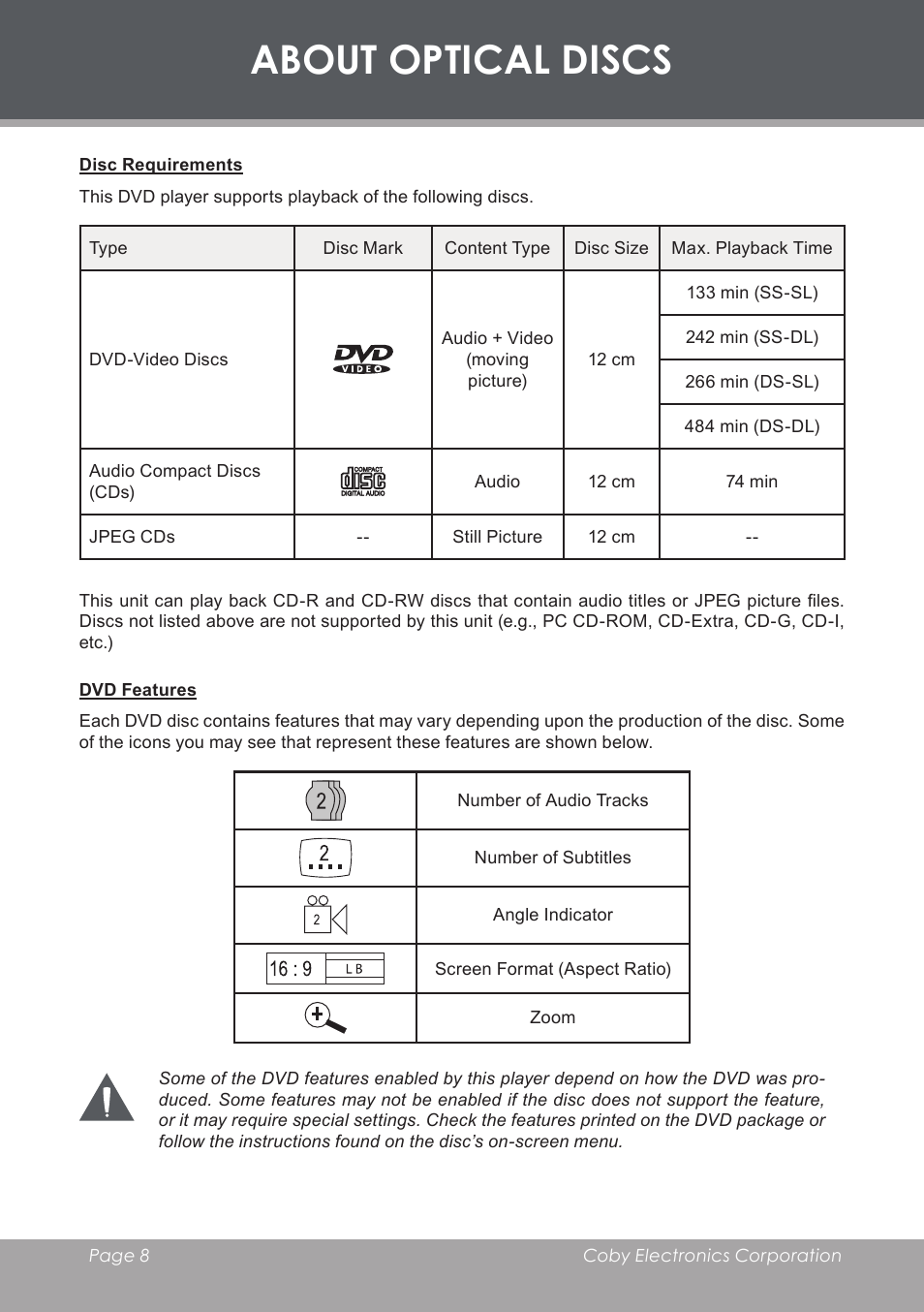 About optical discs, Disc requirements, Dvd features | COBY DVD233 User Manual | Page 8 / 32