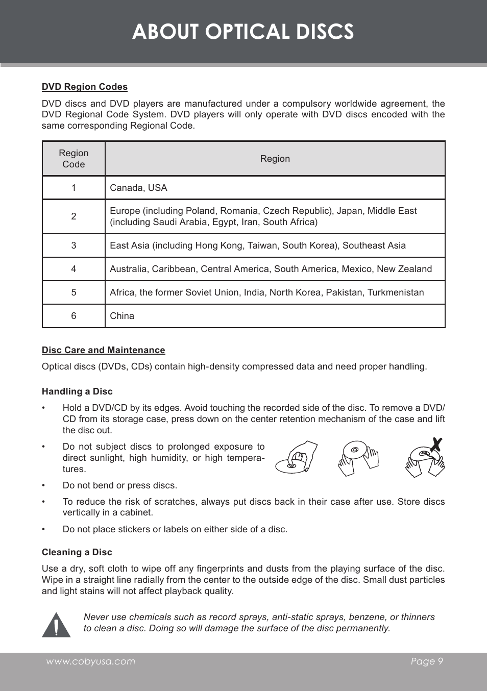 Dvd region codes, Disc care and maintenance, Handling a disc | Cleaning a disc, About optical discs | COBY DVD233 User Manual | Page 9 / 32