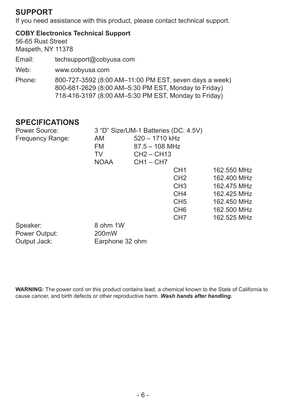 COBY CX-788 User Manual | Page 6 / 6