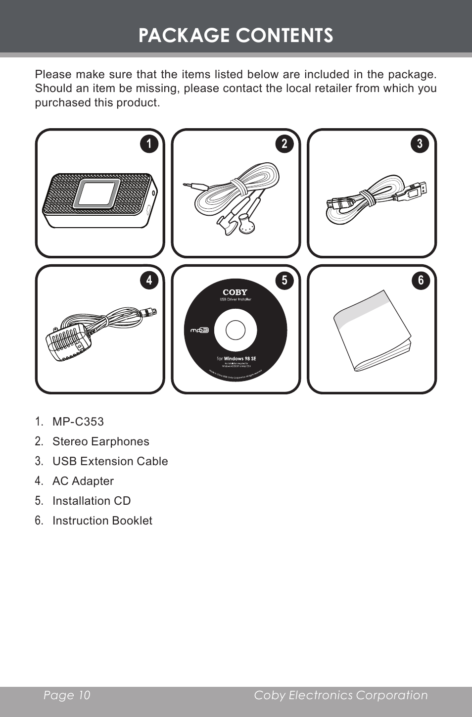 Package contents | COBY MP-C353 User Manual | Page 10 / 36
