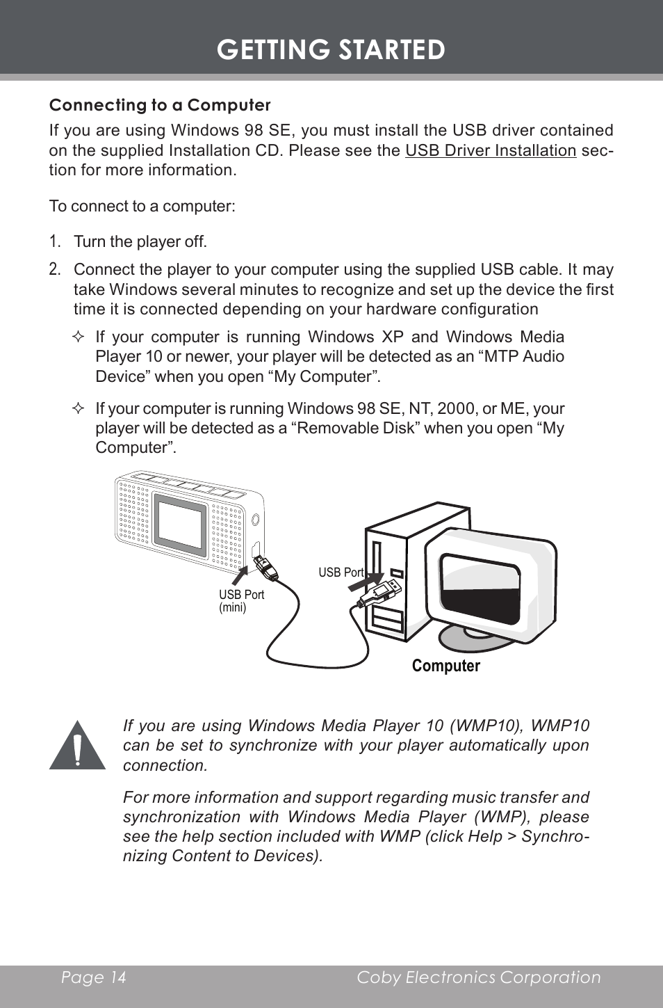 Connecting to a computer, Getting started | COBY MP-C353 User Manual | Page 14 / 36