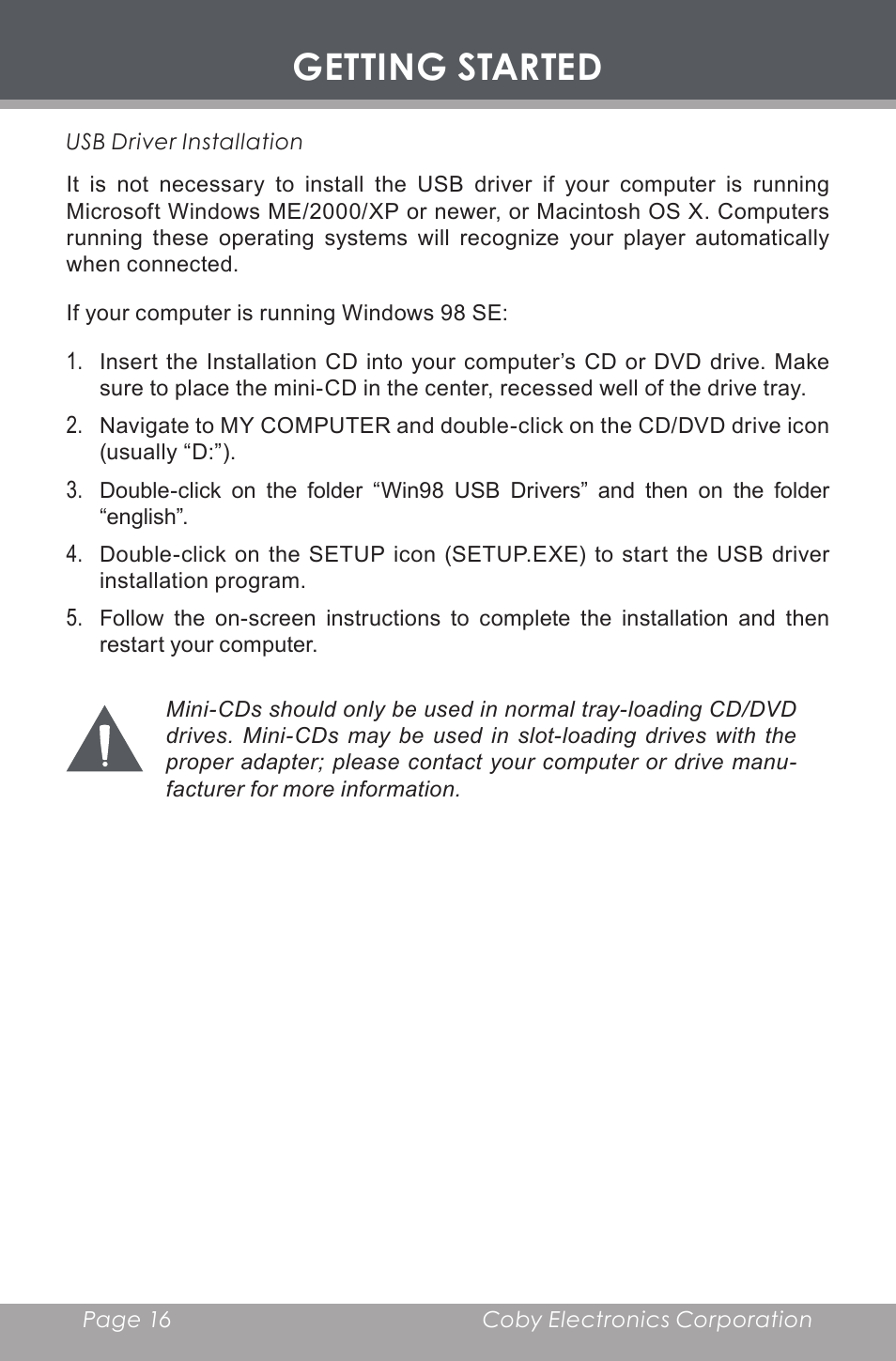 Usb driver installation, Getting started | COBY MP-C353 User Manual | Page 16 / 36
