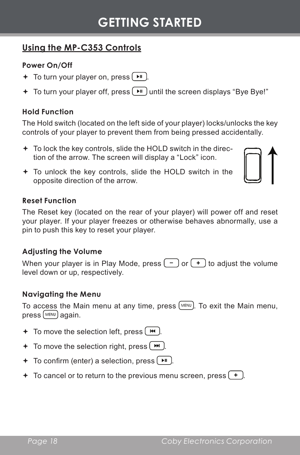 Using the mp-c353 controls, Power on/off, Hold function | Reset function, Adjusting the volume, Navigating the menu, Getting started | COBY MP-C353 User Manual | Page 18 / 36
