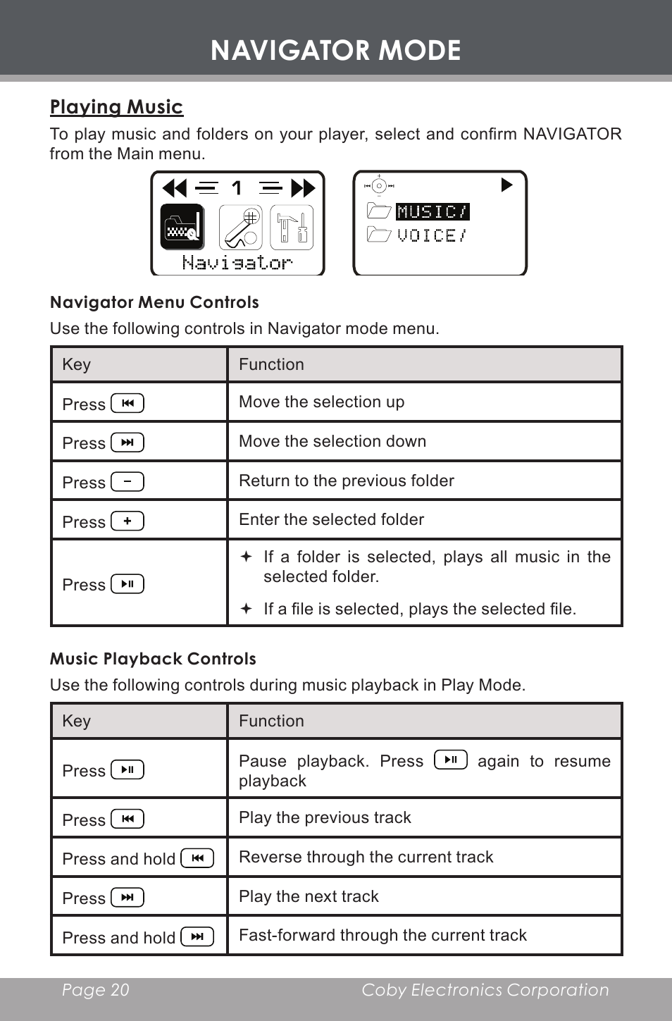 Navigator mode, Playing music, Navigator menu controls | Music playback controls | COBY MP-C353 User Manual | Page 20 / 36
