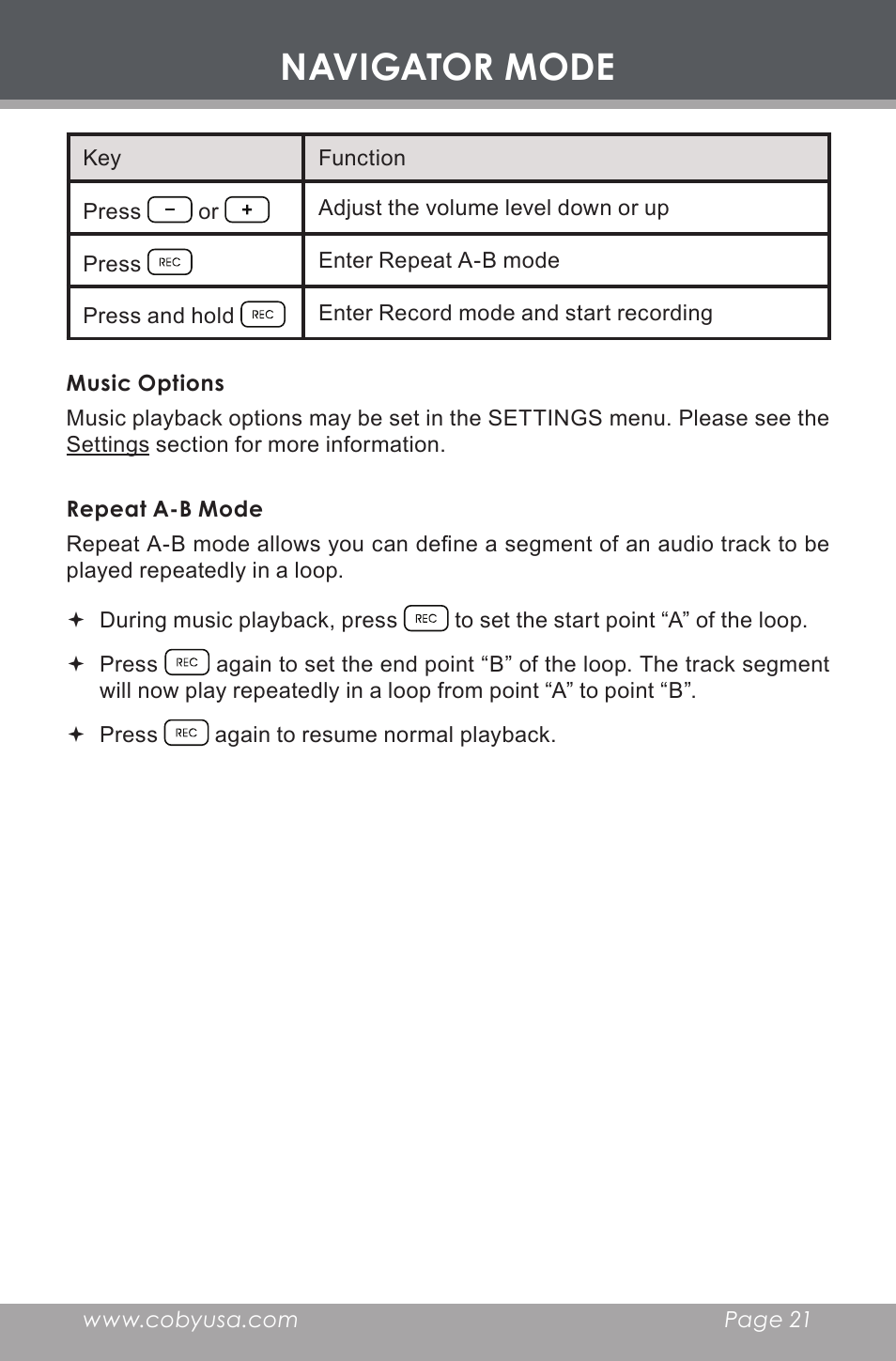 Music options, Repeat a-b mode, Navigator mode | COBY MP-C353 User Manual | Page 21 / 36