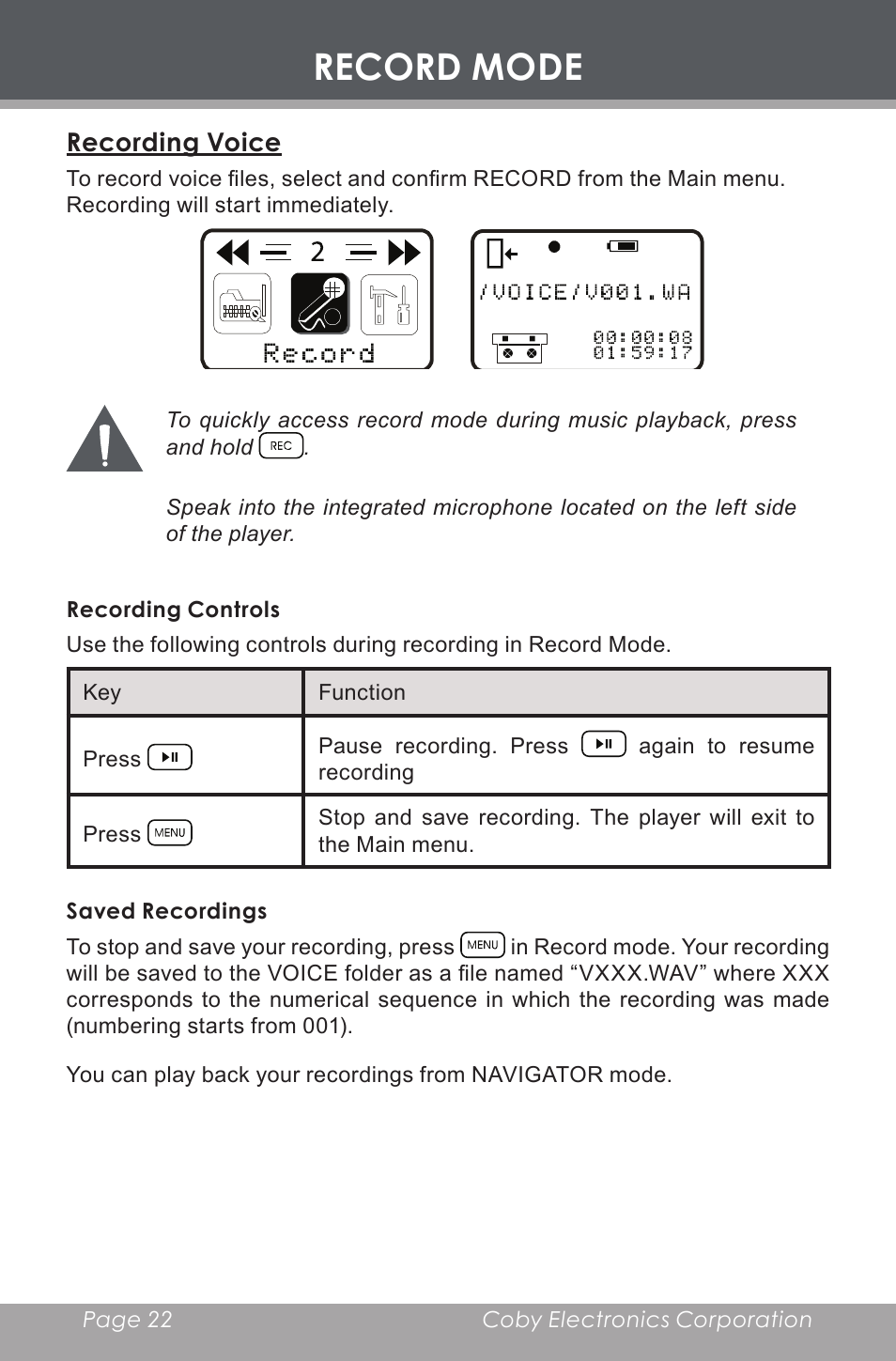 Record mode, Recording voice, Recording controls | Saved recordings | COBY MP-C353 User Manual | Page 22 / 36