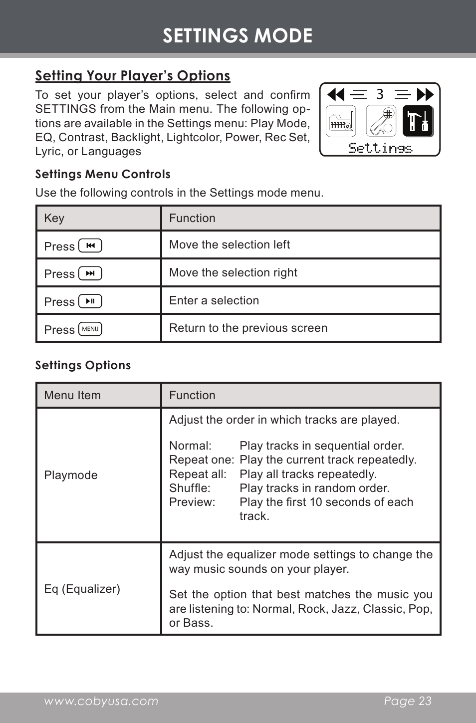 Settings mode, Setting your player’s options, Settings menu controls | Settings options | COBY MP-C353 User Manual | Page 23 / 36