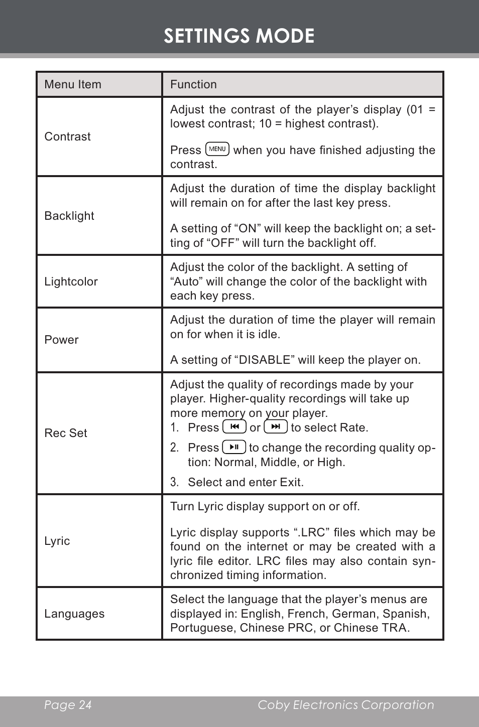 Settings mode | COBY MP-C353 User Manual | Page 24 / 36