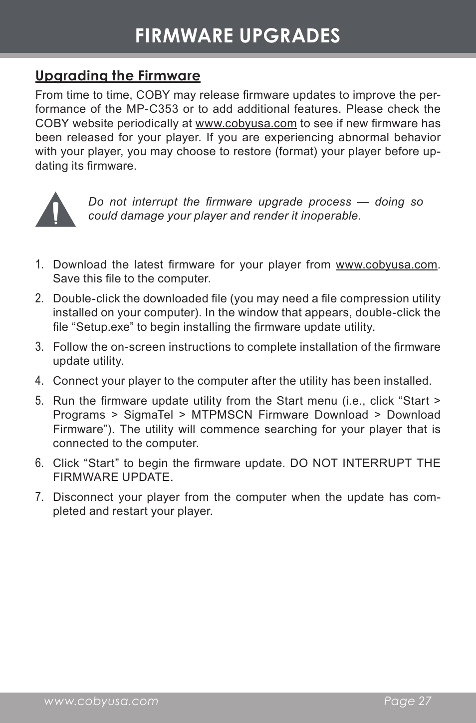 Firmware upgrades, Upgrading the firmware | COBY MP-C353 User Manual | Page 27 / 36