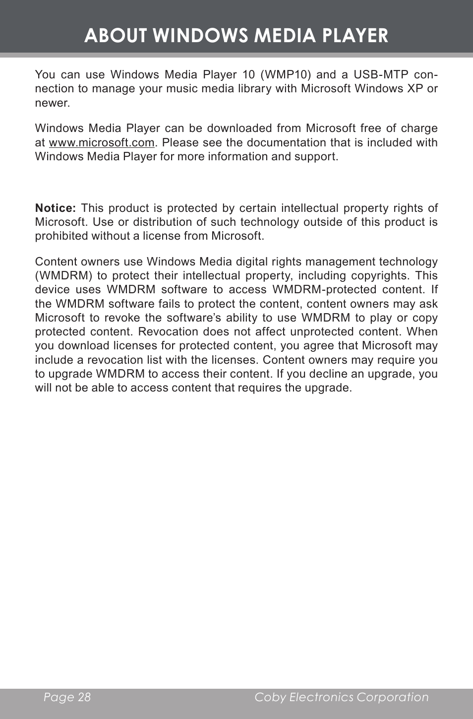 About windows media player | COBY MP-C353 User Manual | Page 28 / 36
