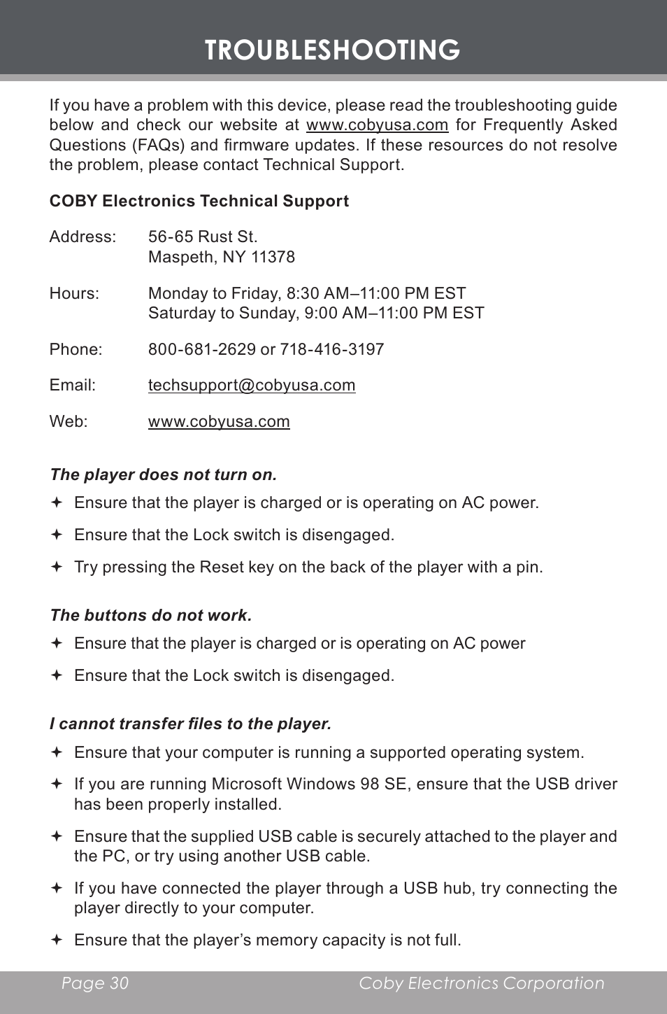 Troubleshooting | COBY MP-C353 User Manual | Page 30 / 36