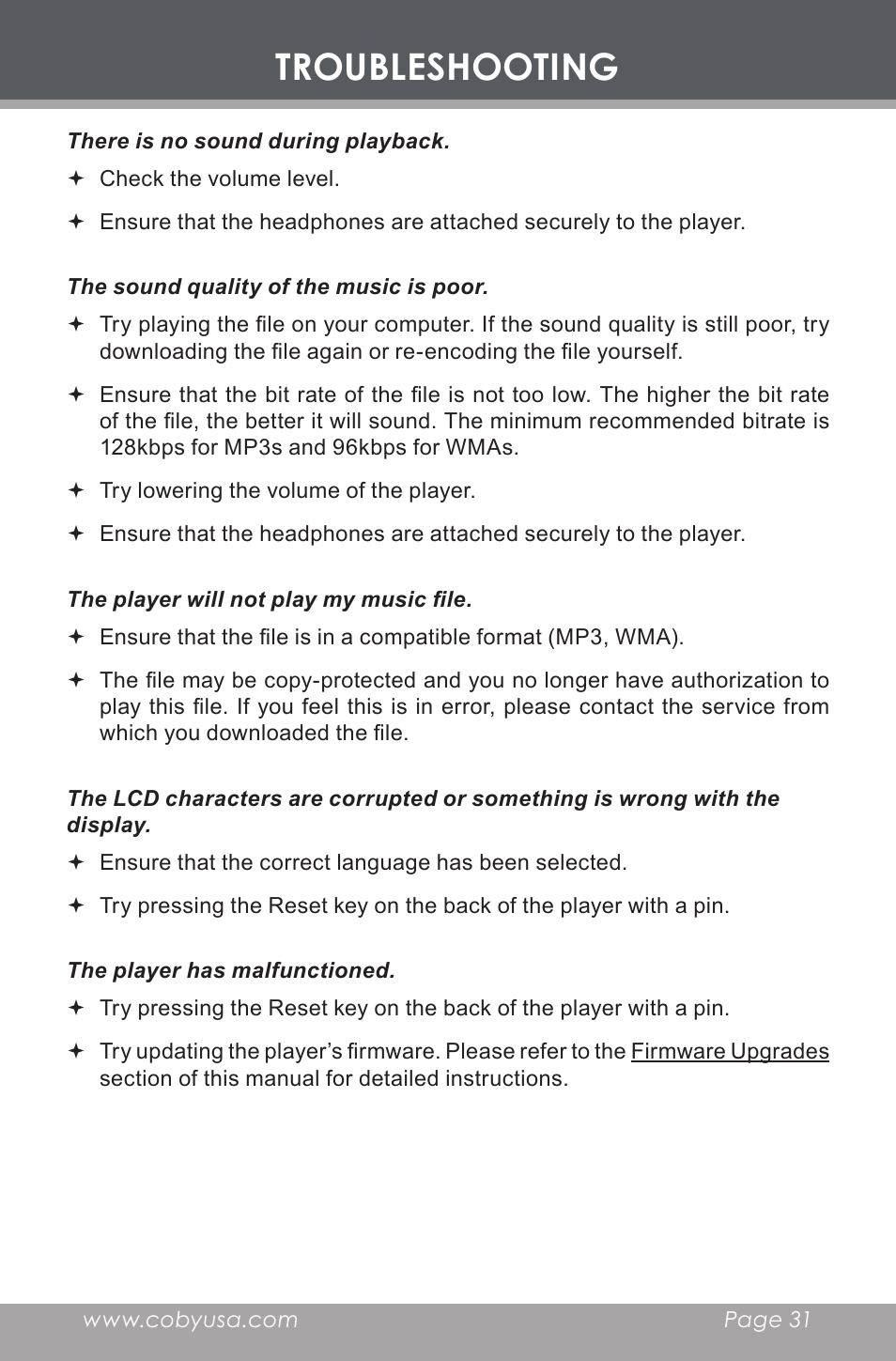 Troubleshooting | COBY MP-C353 User Manual | Page 31 / 36
