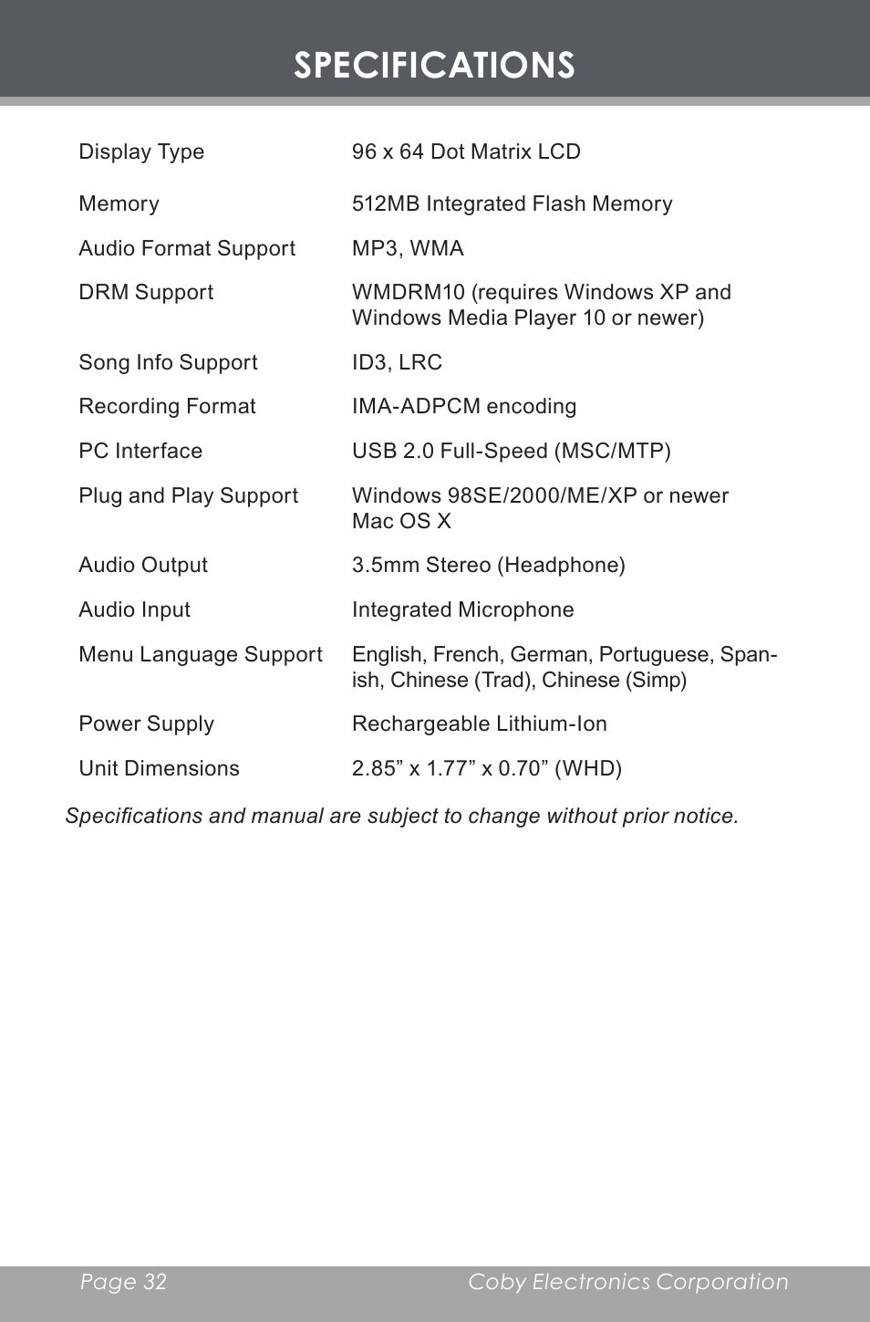 Specifications | COBY MP-C353 User Manual | Page 32 / 36