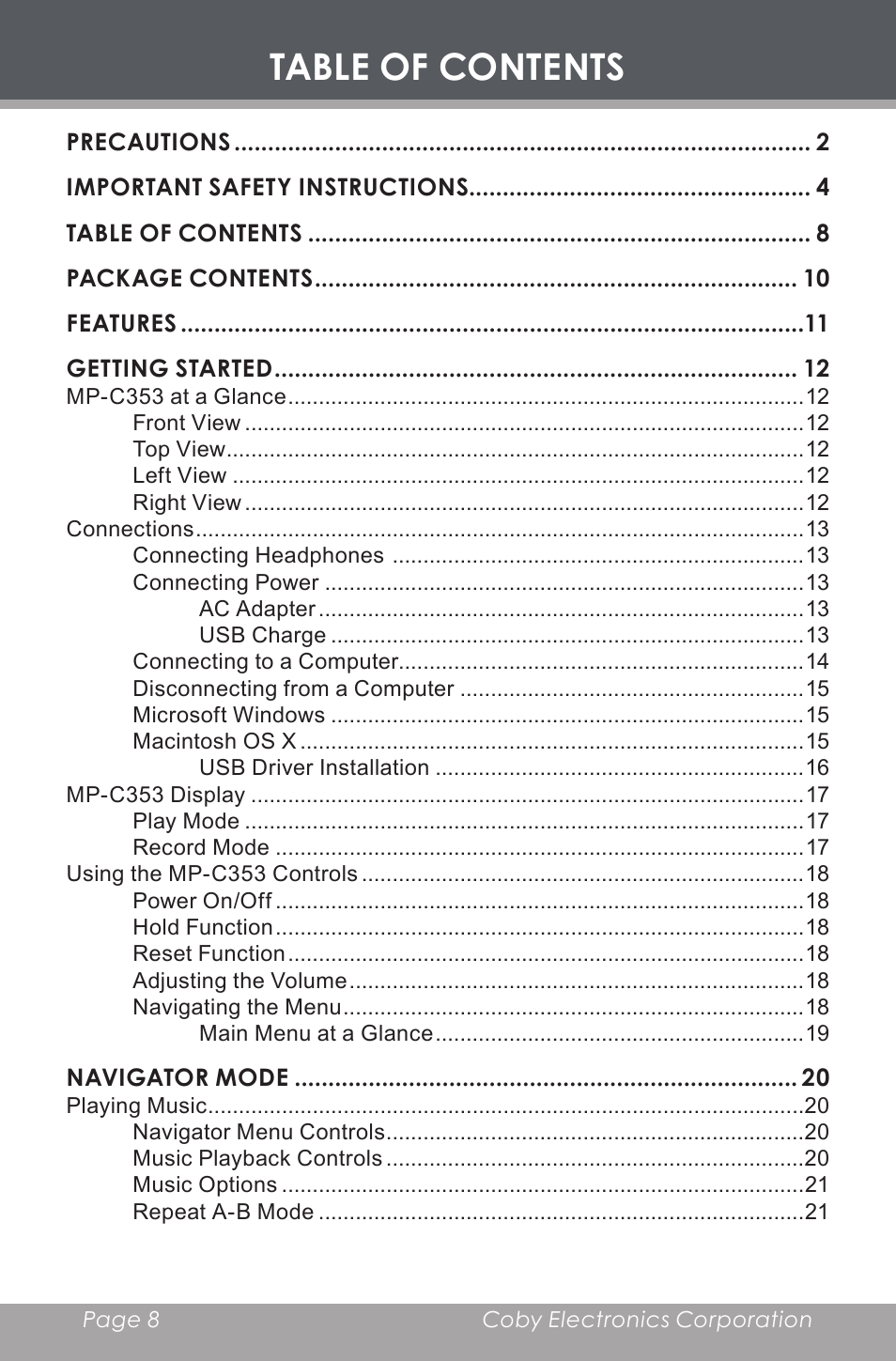 COBY MP-C353 User Manual | Page 8 / 36