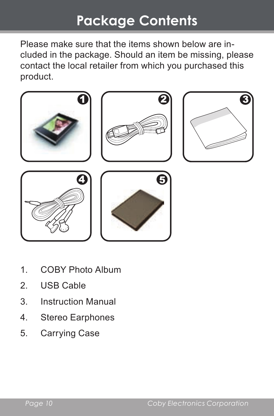 Package contents | COBY DP-350 User Manual | Page 10 / 36