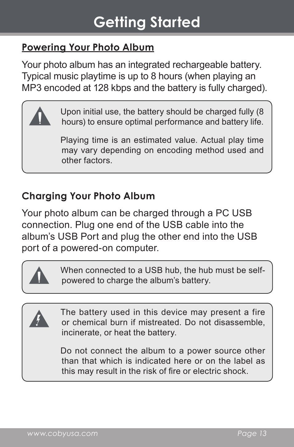Powering your photo album, Charging your photo album, Getting started | COBY DP-350 User Manual | Page 13 / 36