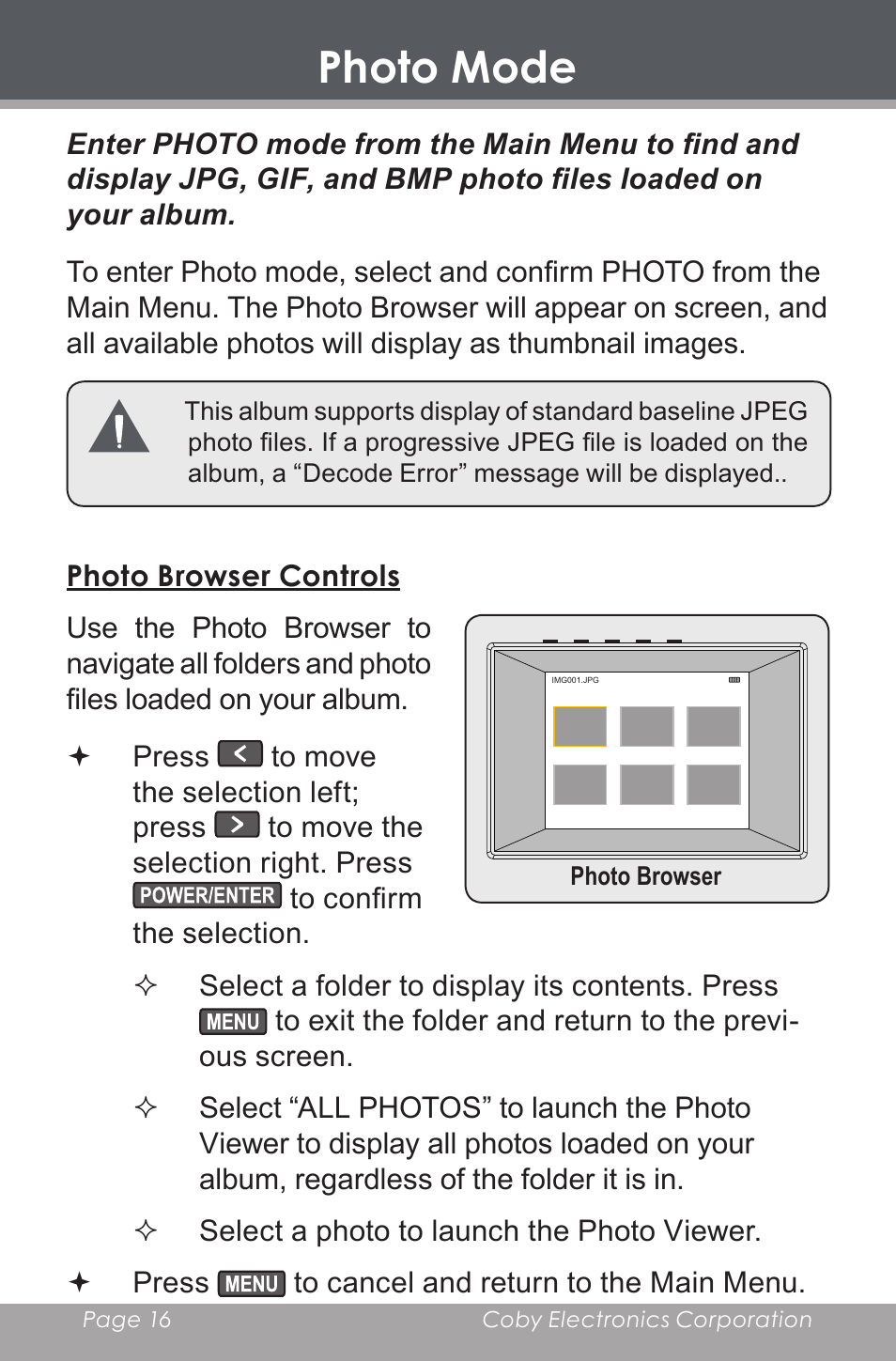 Photo mode, Photo browser controls | COBY DP-350 User Manual | Page 16 / 36