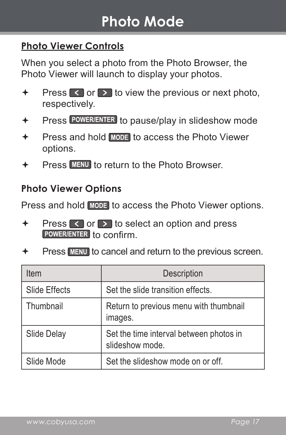Photo viewer controls, Photo viewer options, Photo mode | COBY DP-350 User Manual | Page 17 / 36
