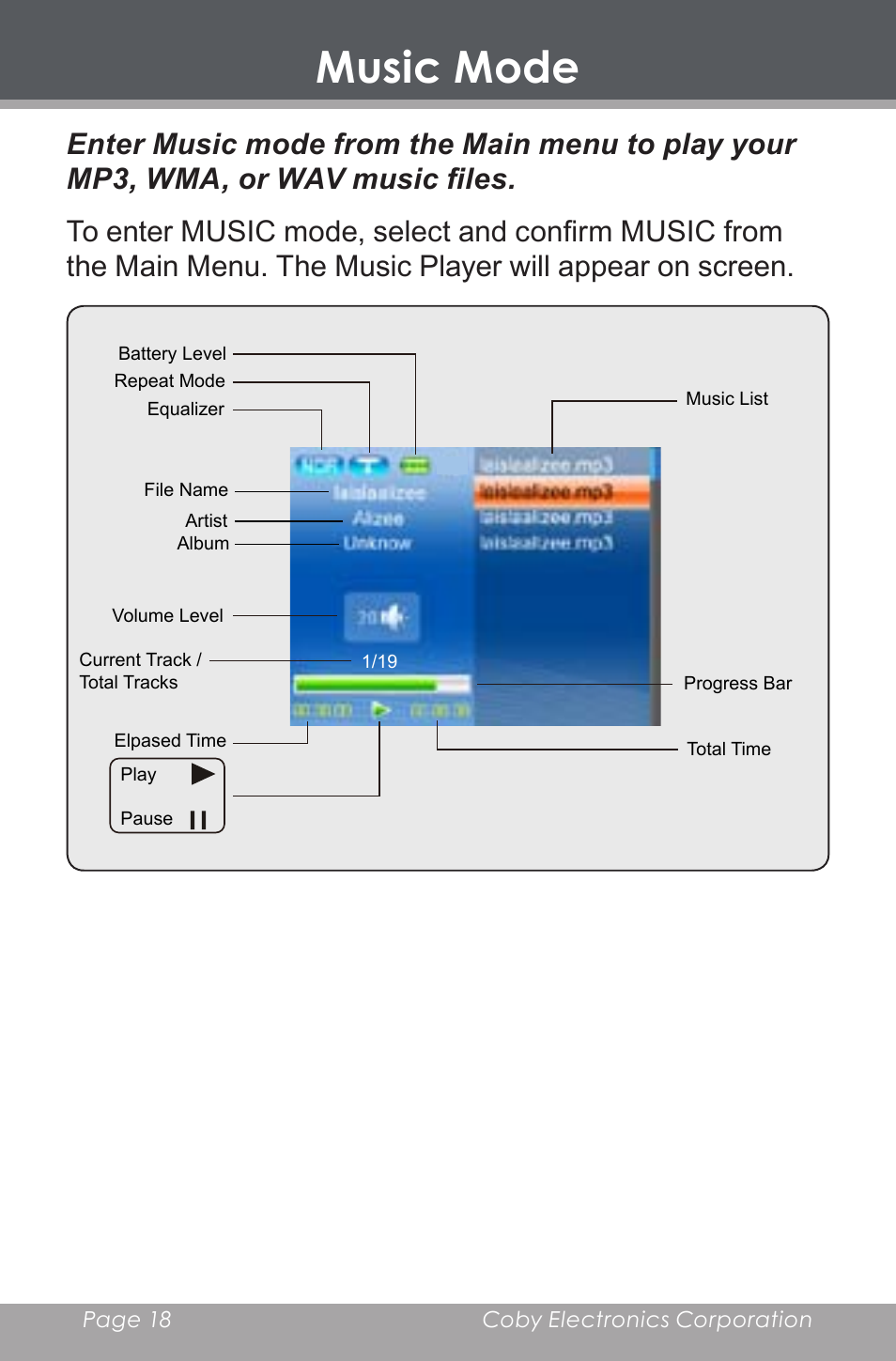 Music mode | COBY DP-350 User Manual | Page 18 / 36