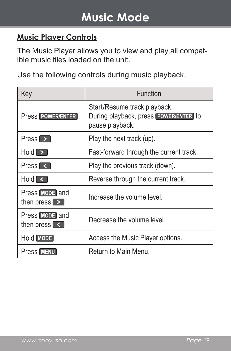 Music player controls, Music mode | COBY DP-350 User Manual | Page 19 / 36
