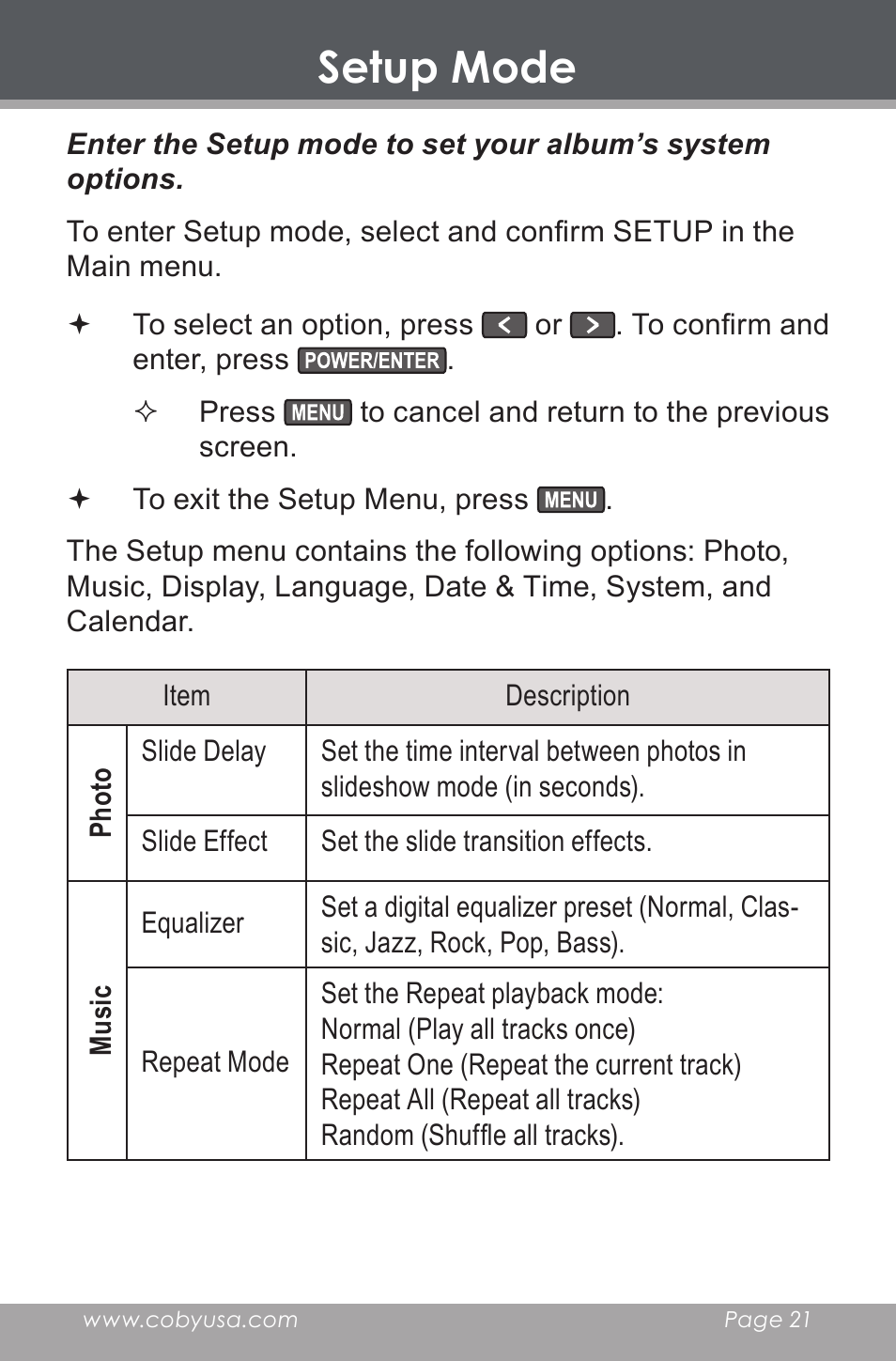 Setup mode | COBY DP-350 User Manual | Page 21 / 36