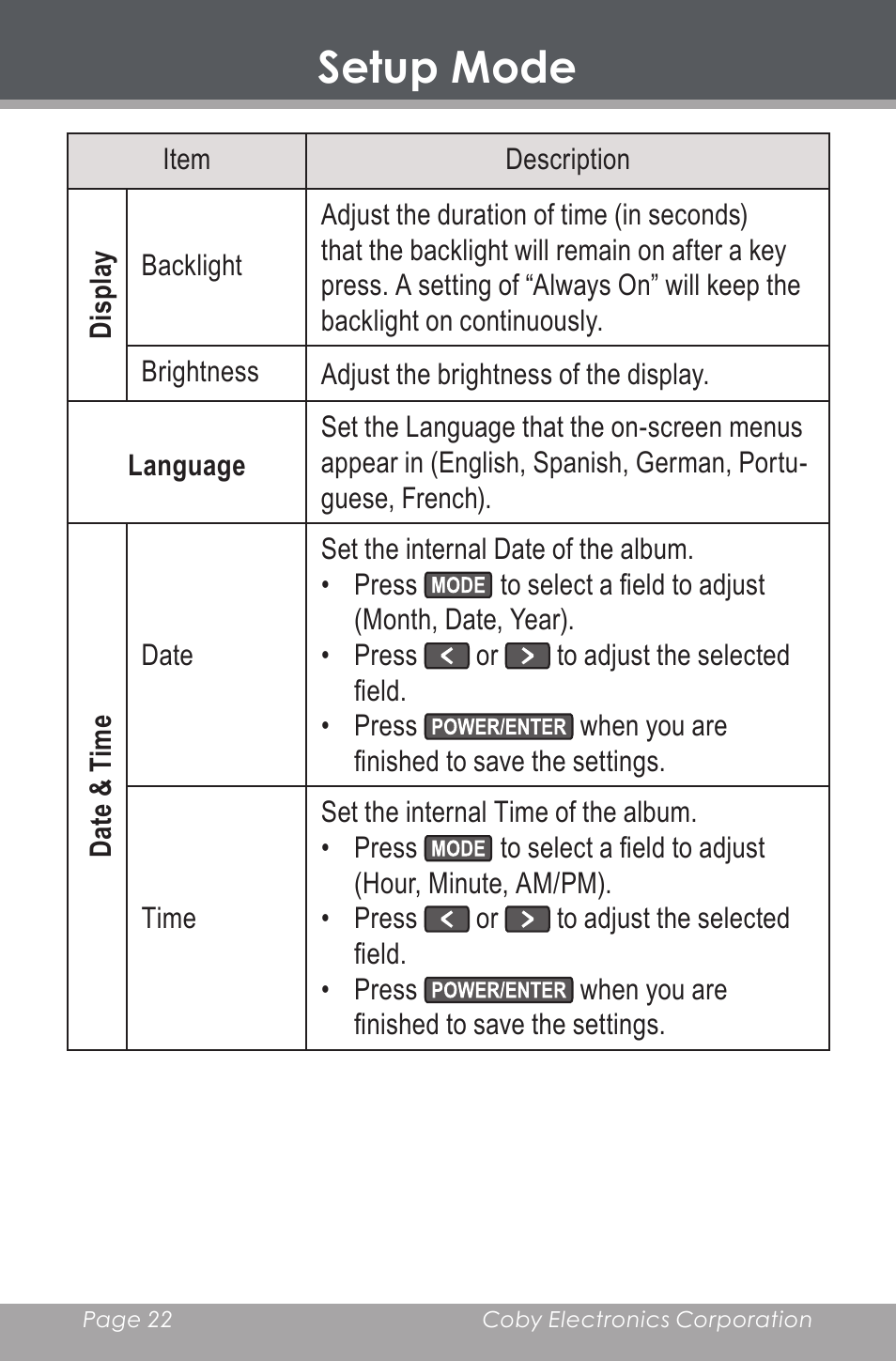 Setup mode | COBY DP-350 User Manual | Page 22 / 36