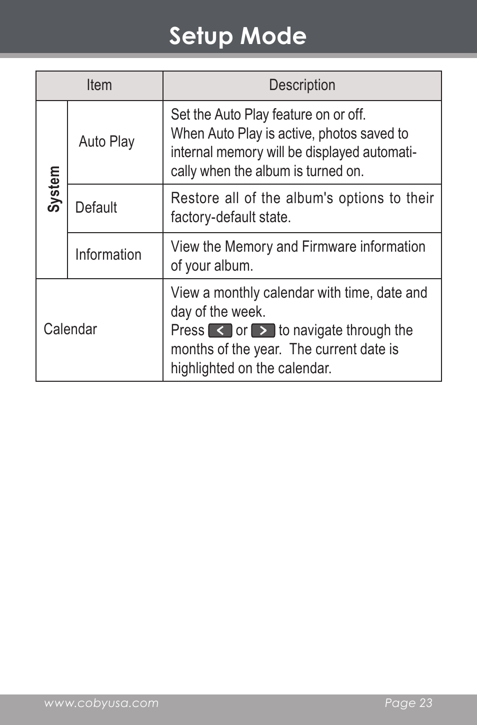 Setup mode | COBY DP-350 User Manual | Page 23 / 36