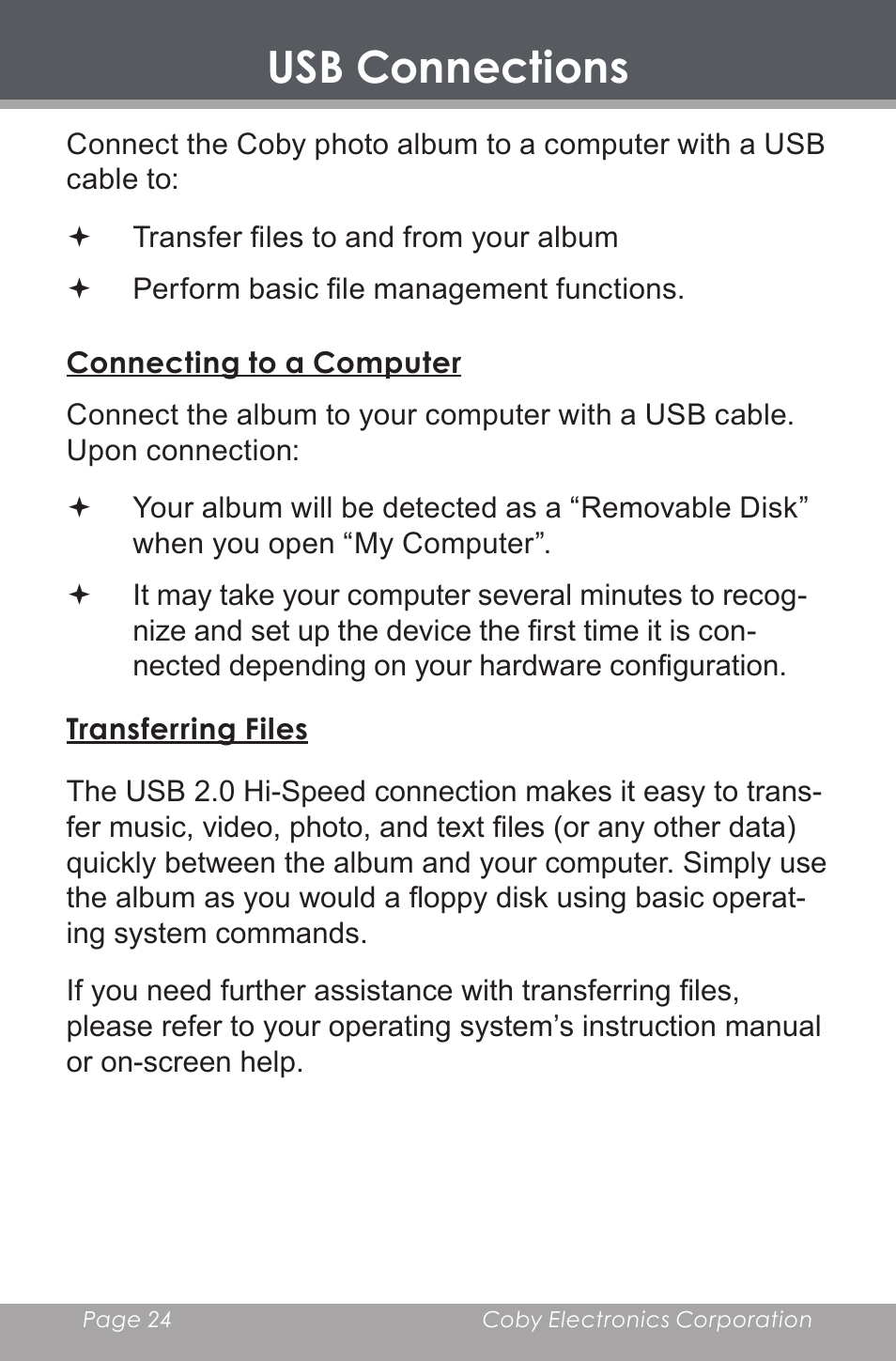 Usb connections, Connecting to a computer, Transferring files | COBY DP-350 User Manual | Page 24 / 36