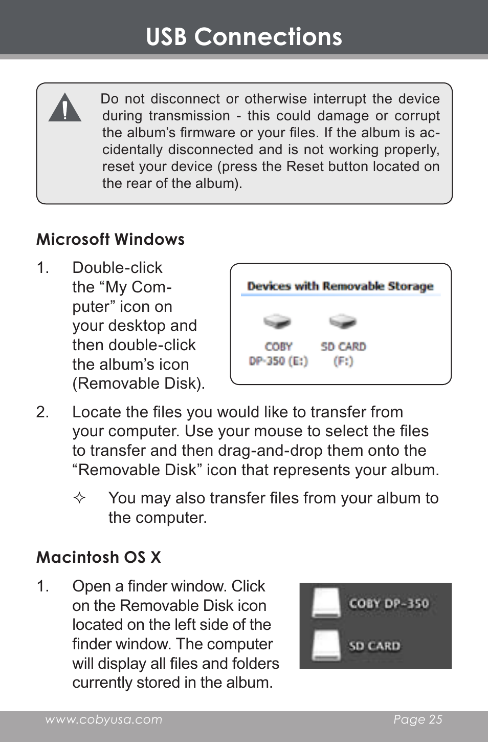 Microsoft windows, Macintosh os x, Usb connections | COBY DP-350 User Manual | Page 25 / 36