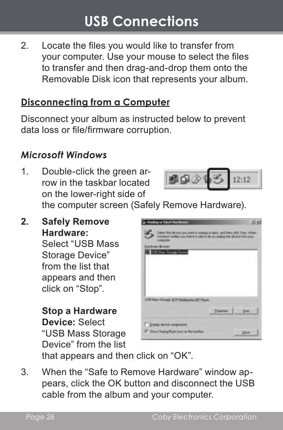 Disconnecting from a computer, Usb connections | COBY DP-350 User Manual | Page 26 / 36