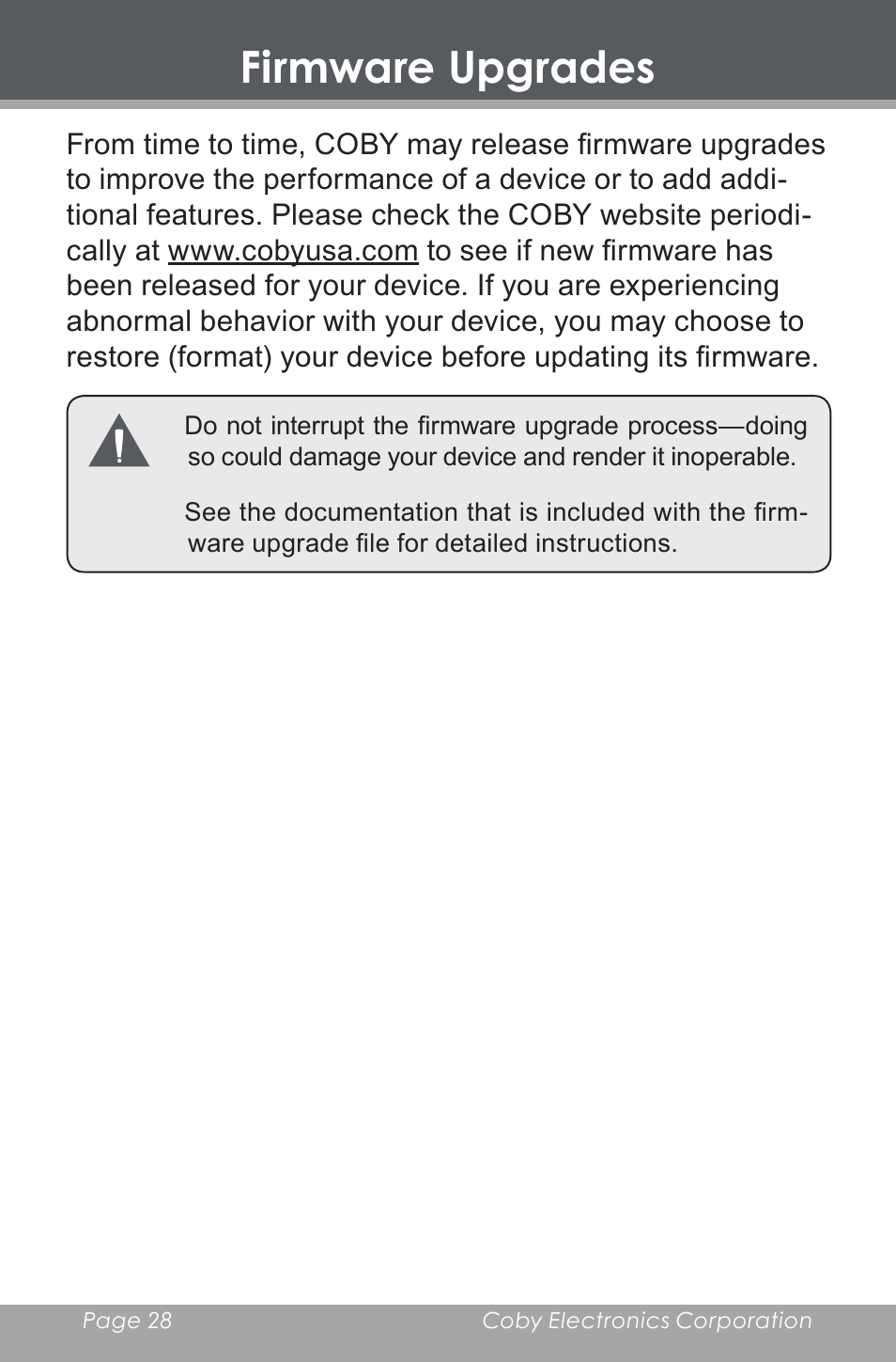 Firmware upgrades | COBY DP-350 User Manual | Page 28 / 36