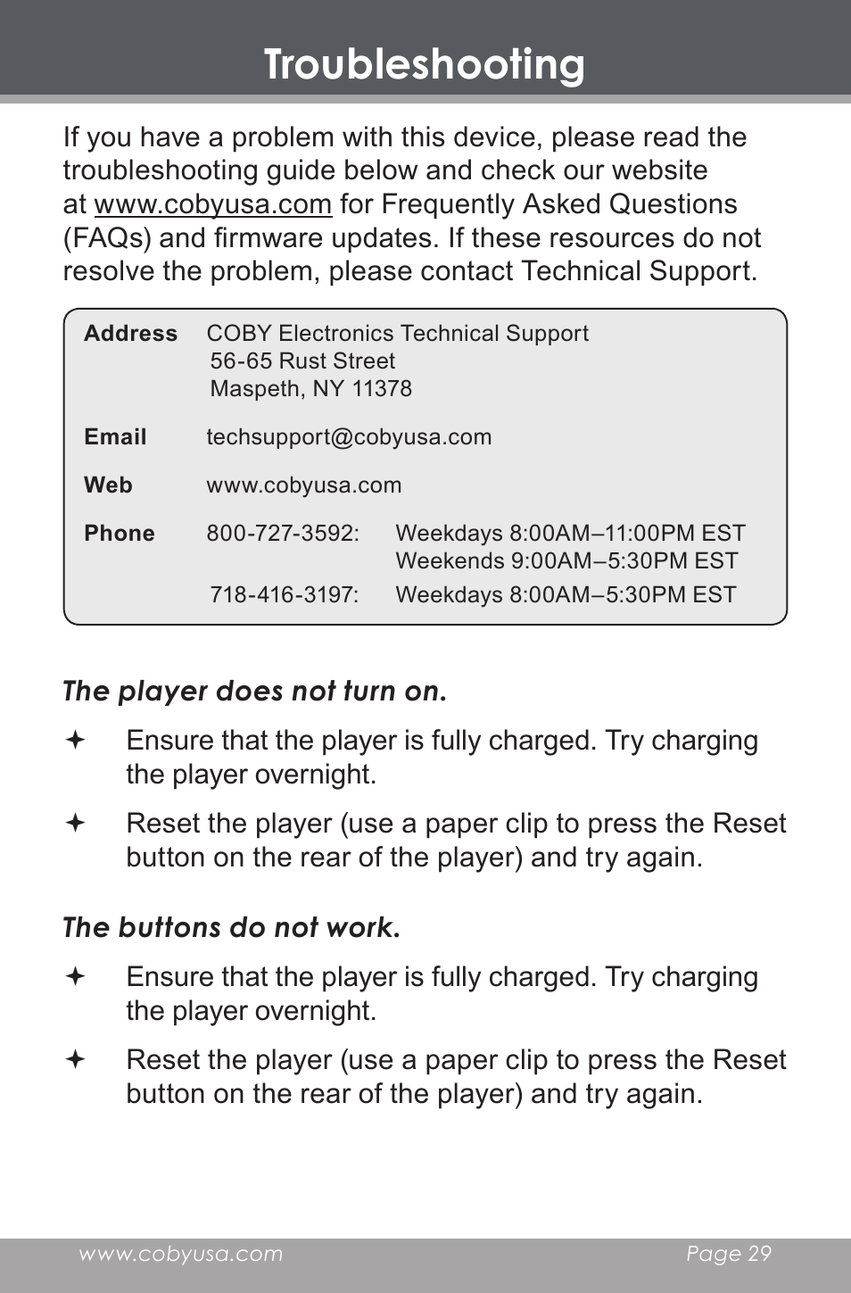 Troubleshooting | COBY DP-350 User Manual | Page 29 / 36