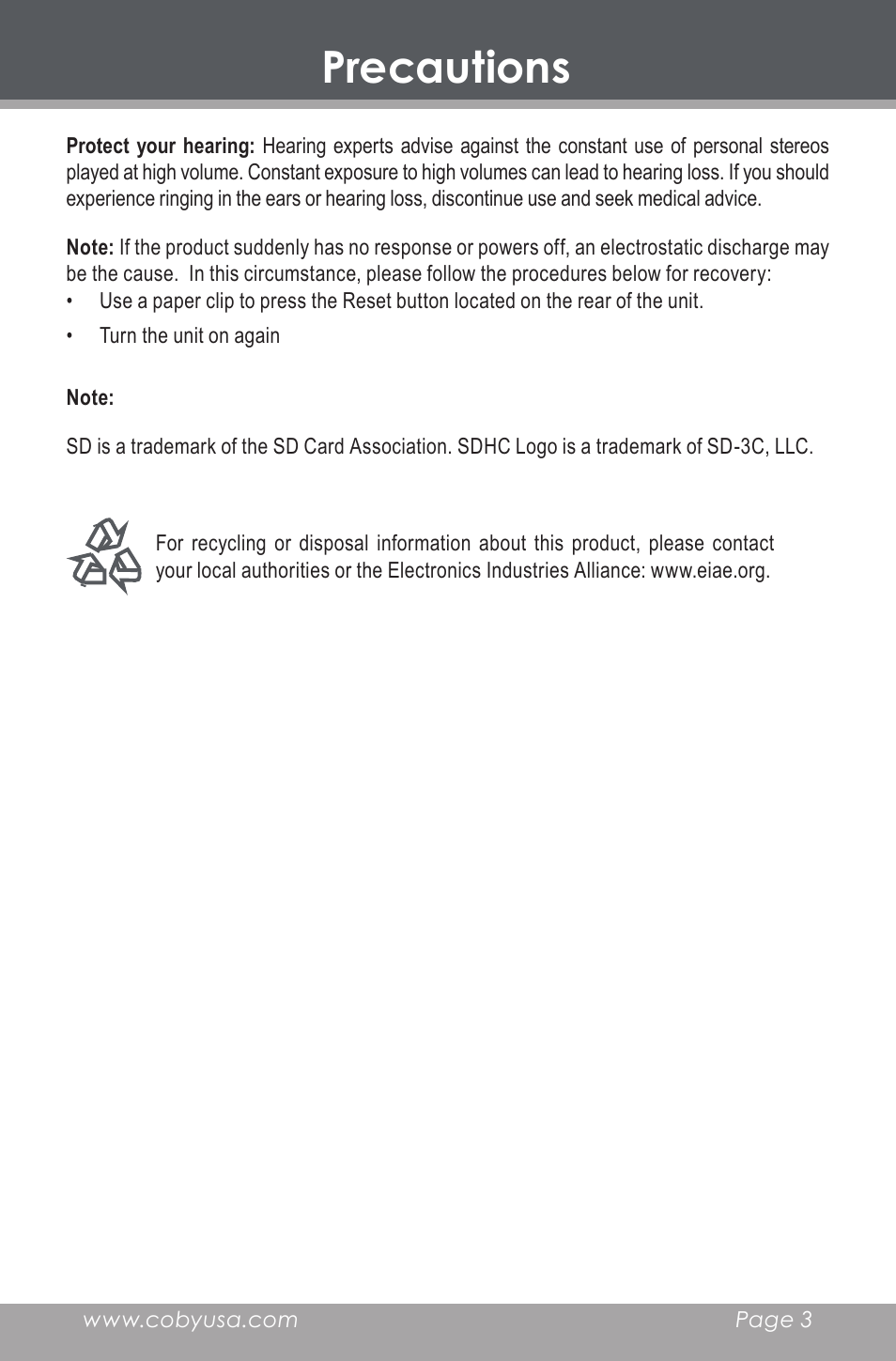 Precautions | COBY DP-350 User Manual | Page 3 / 36