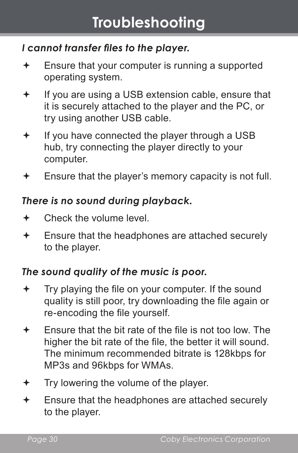 Troubleshooting | COBY DP-350 User Manual | Page 30 / 36