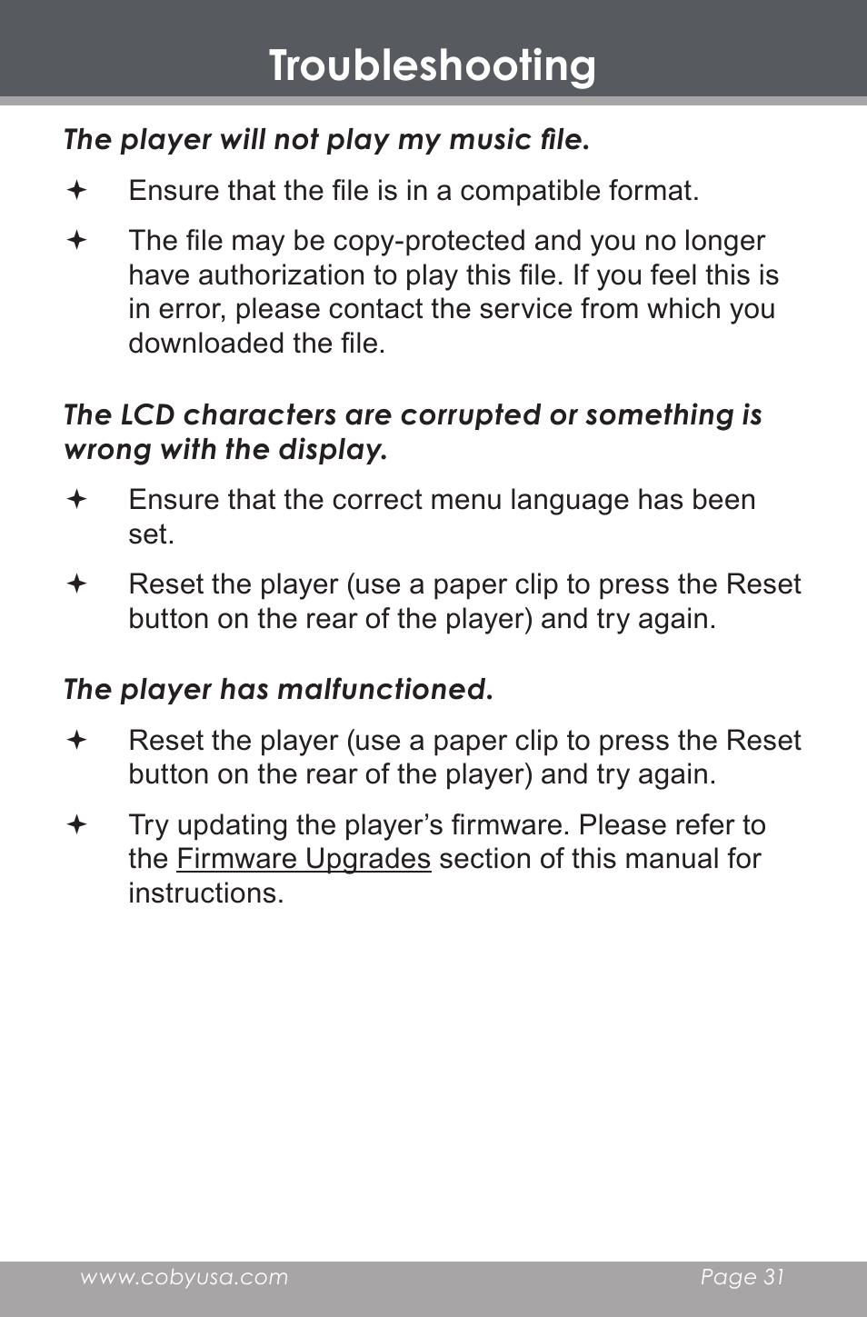 Troubleshooting | COBY DP-350 User Manual | Page 31 / 36