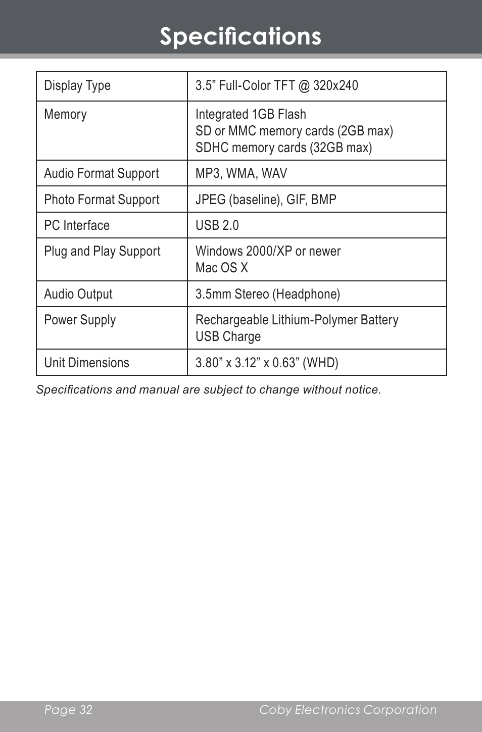 Specifications | COBY DP-350 User Manual | Page 32 / 36